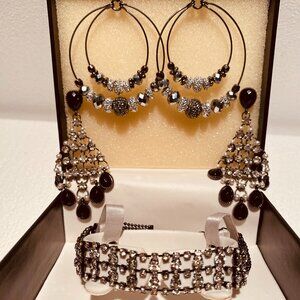 Rhinestone and Black/Gunmetal Bracelet & Earing Set